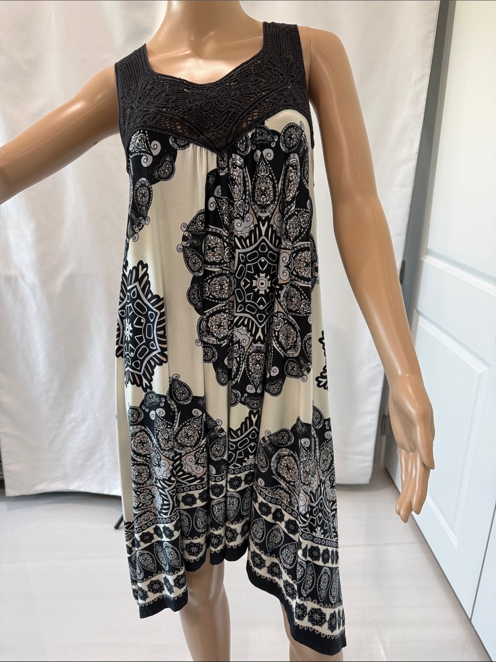 West K Boho Black and Cream Crochet Y2K Sundress - Free Size